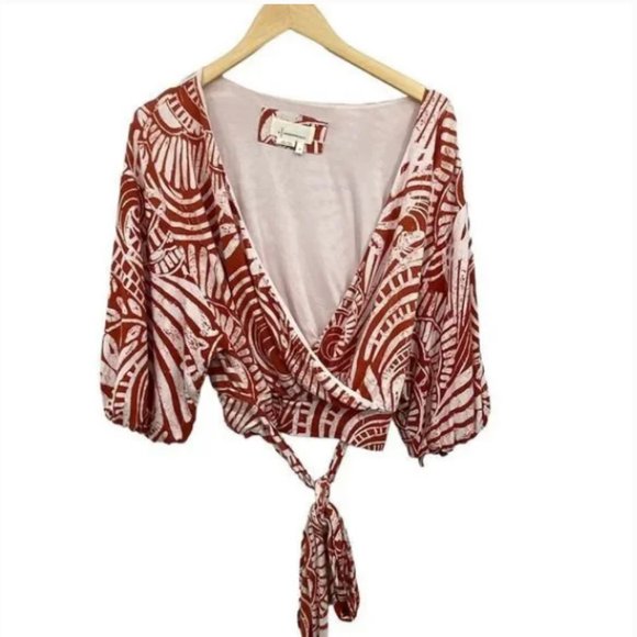 3for$40🤑 Like New! - Anthropologie Bodhi Red Print Tie Waist Blouse - XL - Picture 2 of 8